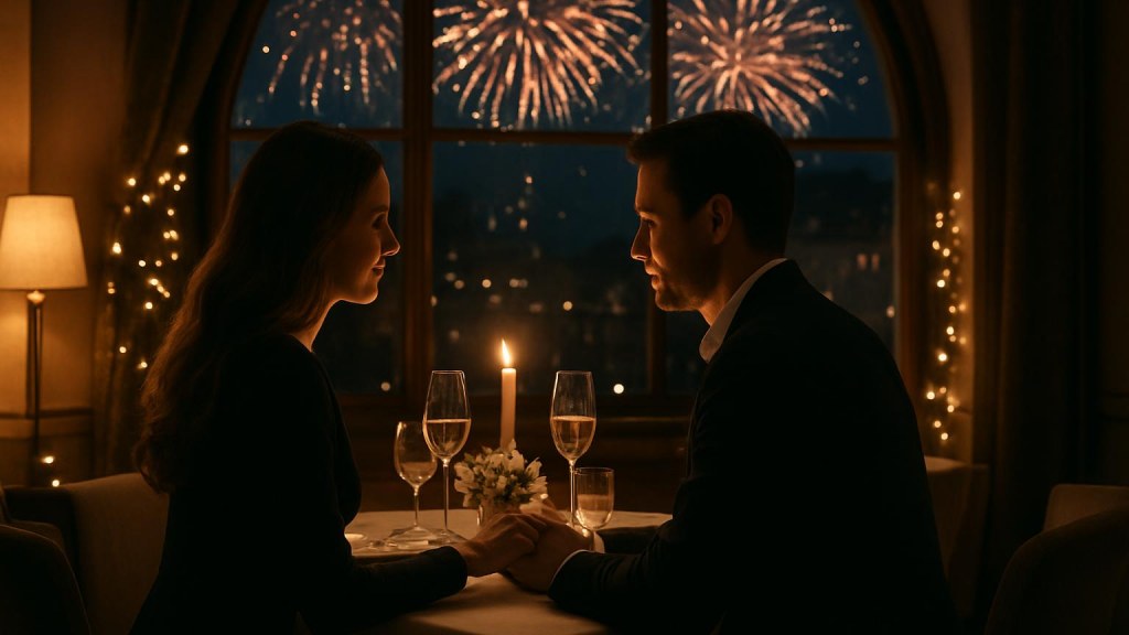 Coppia durante una cena romantica di Capodanno