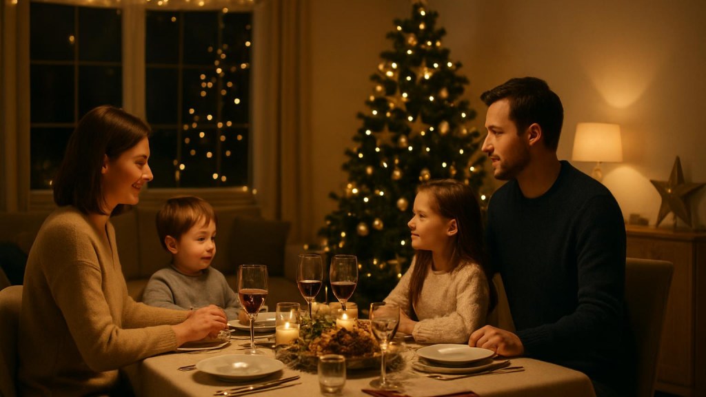 Famiglia con bambini in ambiente accogliente per Capodanno